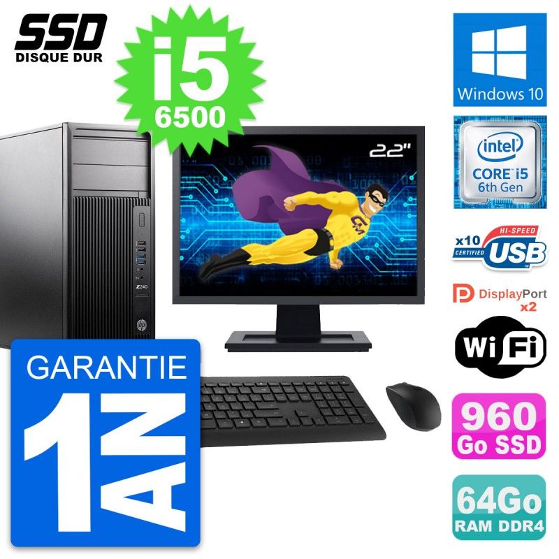 HP WorkStation Z240 Desktop PC - 22" Screen, i5-6500, 64GB RAM, 960GB SSD, Windows 10, Wifi