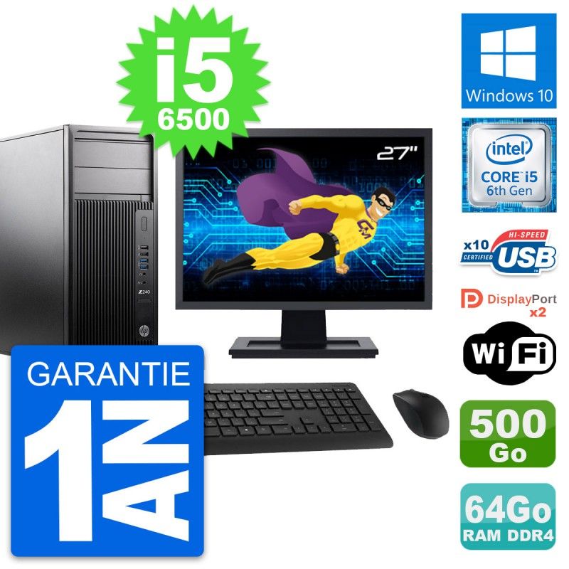 HP Z240 MT Workstation Computer - 27" Screen, Intel i5-6500, 64GB RAM, 500GB Storage, Windows 10, WiFi