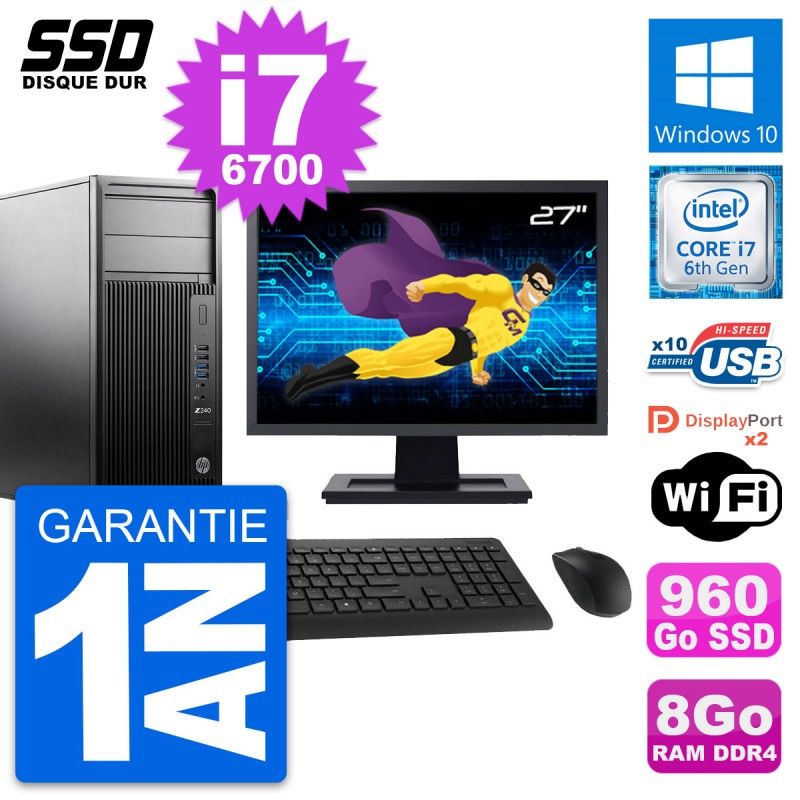 HP Z240 Workstation PC - 27inch Screen, Intel Core i7-6700, 8GB RAM, 960GB SSD, Windows 10, WiFi