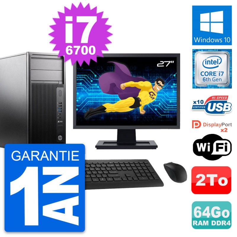 HP Z240 MT Workstation Computer - 27" Screen, Intel i7-6700, 64GB RAM, 2TB HDD, Windows 10