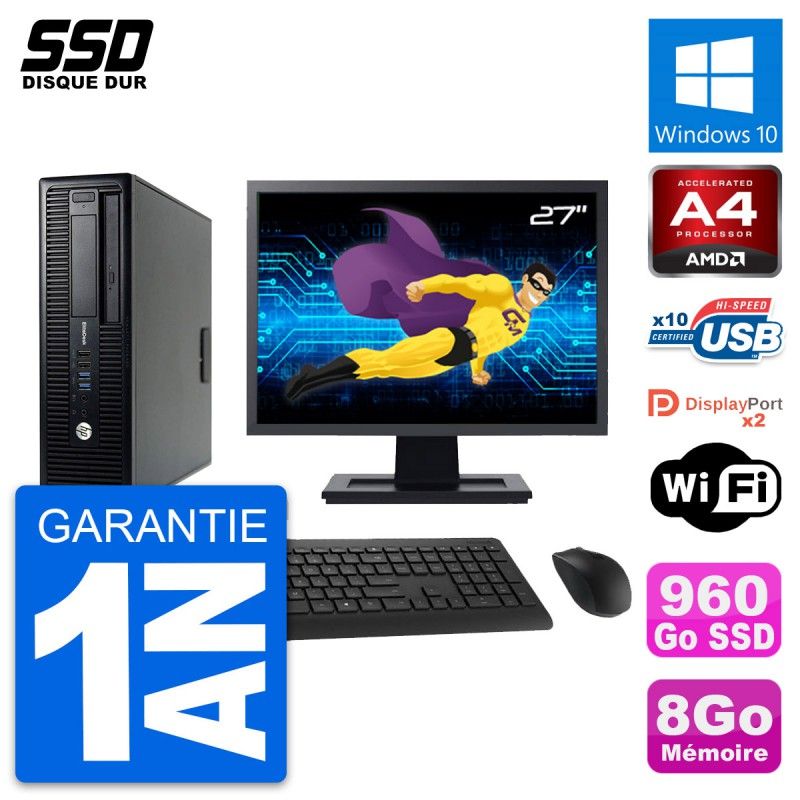 HP EliteDesk 705 G1 SFF Desktop Computer, 27" Screen, AMD A4 PRO-7300B, 8GB RAM, 960GB SSD, Windows 10