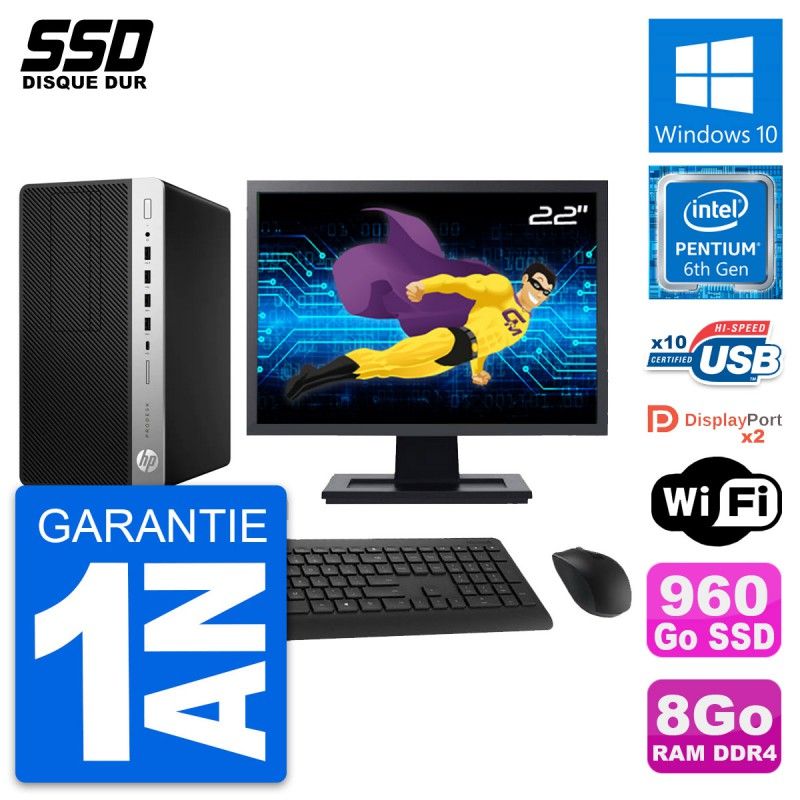 HP ProDesk 600 G3 MT Desktop PC - 22" Screen, Intel Pentium G4400, 8GB RAM, 960GB SSD, Windows 10, WiFi