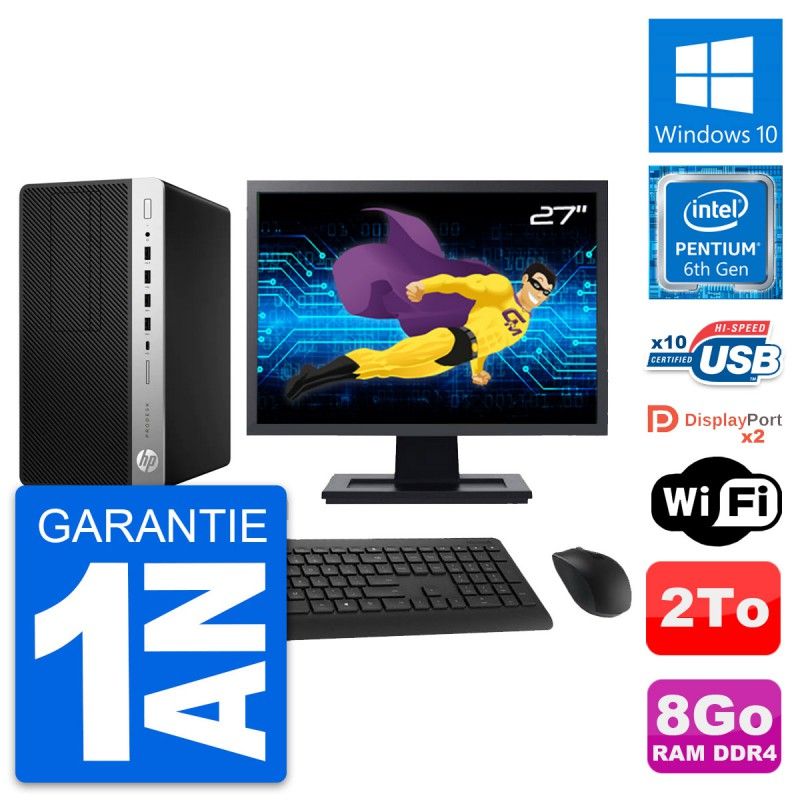 HP ProDesk 600 G3 MT Desktop Computer, 27" Display, Intel Pentium G4400, 8GB RAM, 2TB HDD, Windows 10, WiFi