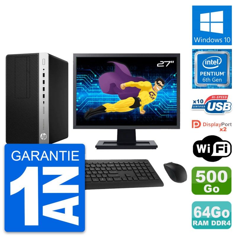 HP ProDesk 600 G3 MT Desktop Computer - 27" Screen, Intel Pentium G4400, 64GB RAM, 500GB Storage, Windows 10