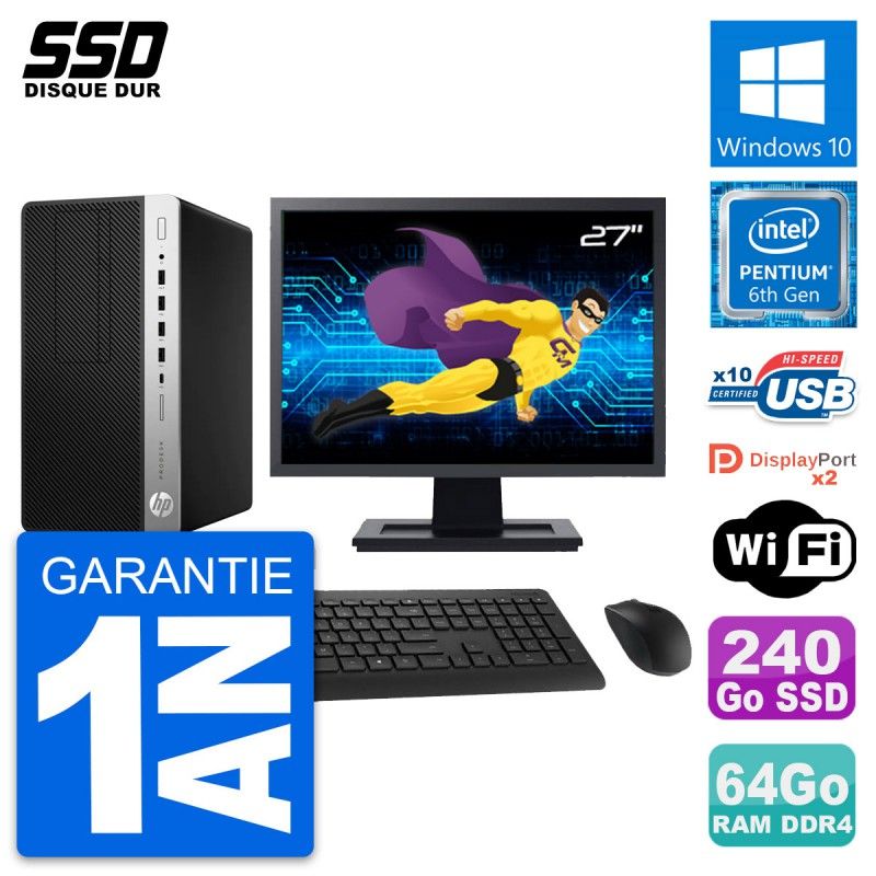 HP ProDesk 600 G3 MT Desktop PC - 27" Screen, Intel Pentium G4400, 64GB RAM, 240GB SSD, Windows 10, WiFi