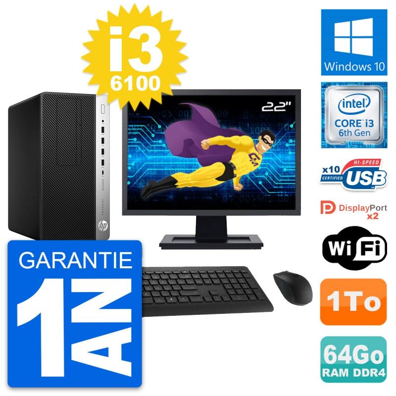 HP ProDesk 600 G3 MT Desktop Computer, 22" Screen, Core i3-6100, 64GB RAM, 1TB HDD, Windows 10, WiFi