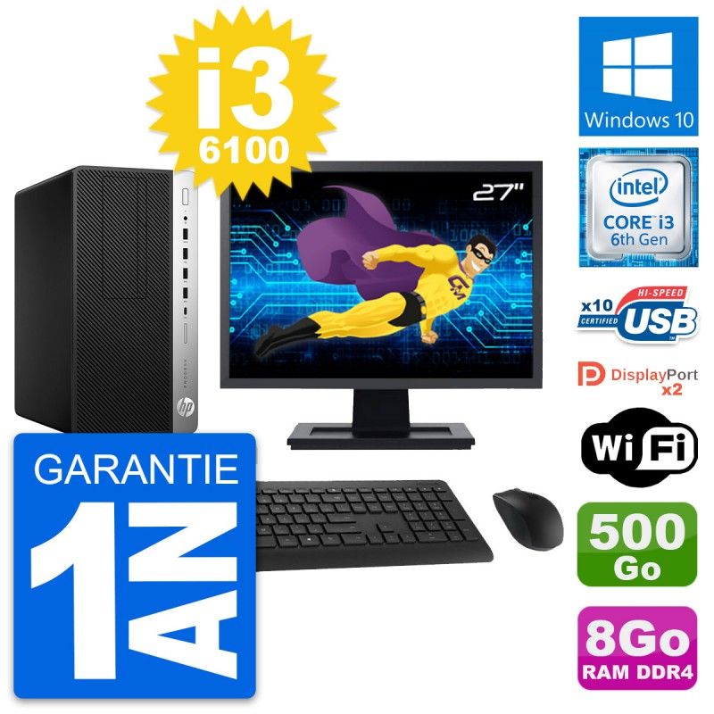 HP ProDesk 600 G3 Desktop PC - 27" Screen, i3-6100, 8GB RAM, 500GB HDD, Windows 10, Wi-Fi