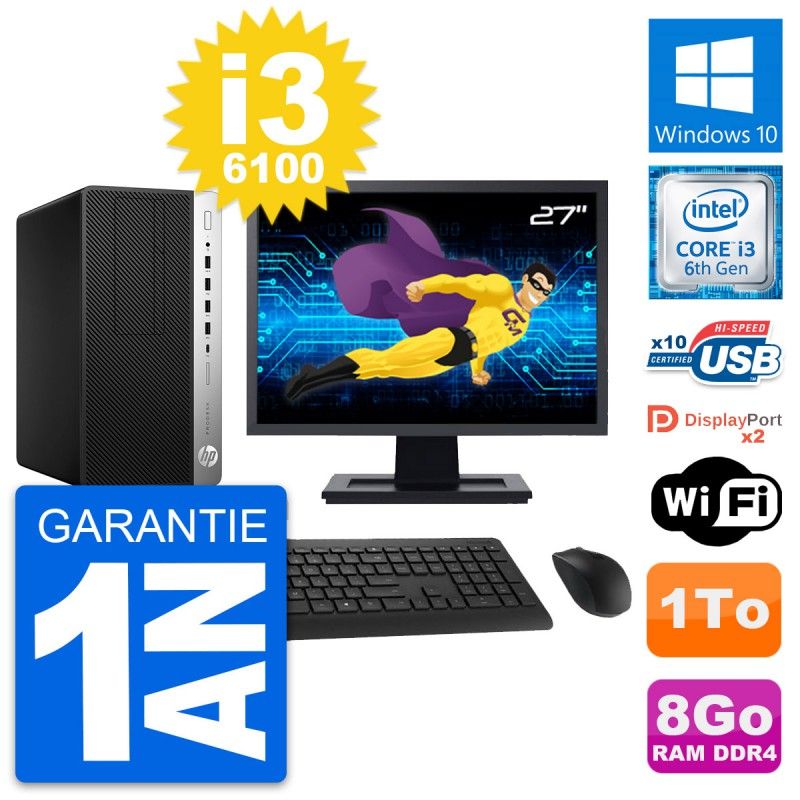 HP ProDesk 600 G3 Desktop PC - 27" Display, i3-6100, 8GB RAM, 1TB HDD, Windows 10, WiFi