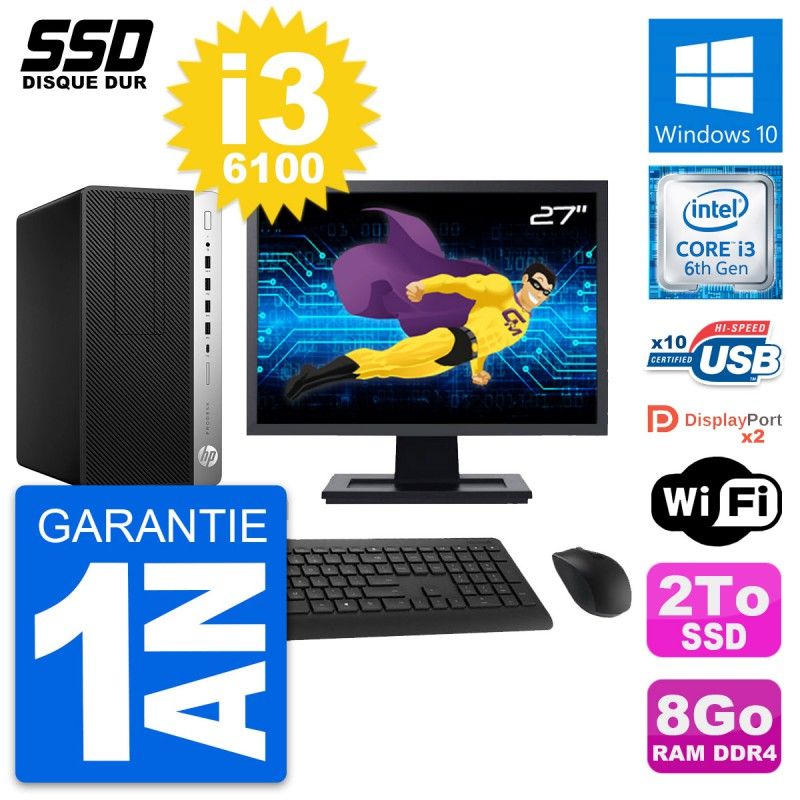 HP ProDesk 600 G3 MT Desktop PC - 27" Screen, i3-6100, 8GB RAM, 2TB SSD, Windows 10, WiFi
