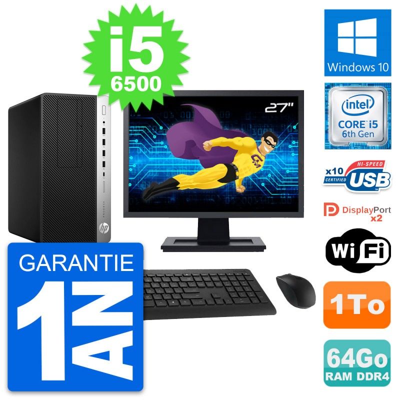HP ProDesk 600 G3 MT Desktop Computer, 27" Screen, Core i5-6500, 64GB RAM, 1TB HDD, Windows 10, Wifi