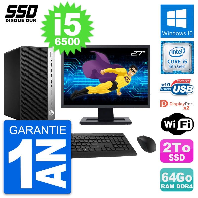 HP ProDesk 600 G3 MT Desktop PC - 27" Screen, i5-6500, 64GB RAM, 2TB SSD, Windows 10, WiFi