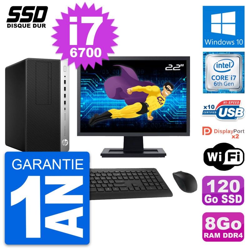 HP ProDesk 600 G3 MT Desktop Computer, 22" Screen, i7-6700, 8GB RAM, 120GB SSD, Windows 10, WiFi