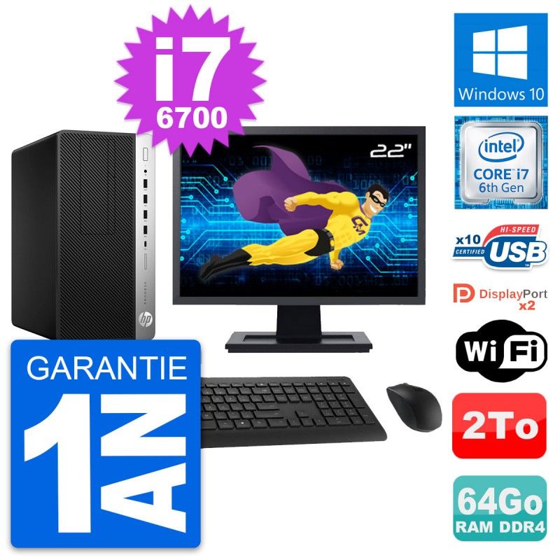 HP ProDesk 600 G3 MT Desktop PC - 22" Screen, Intel Core i7-6700, 64GB RAM, 2TB HDD, Windows 10, WiFi