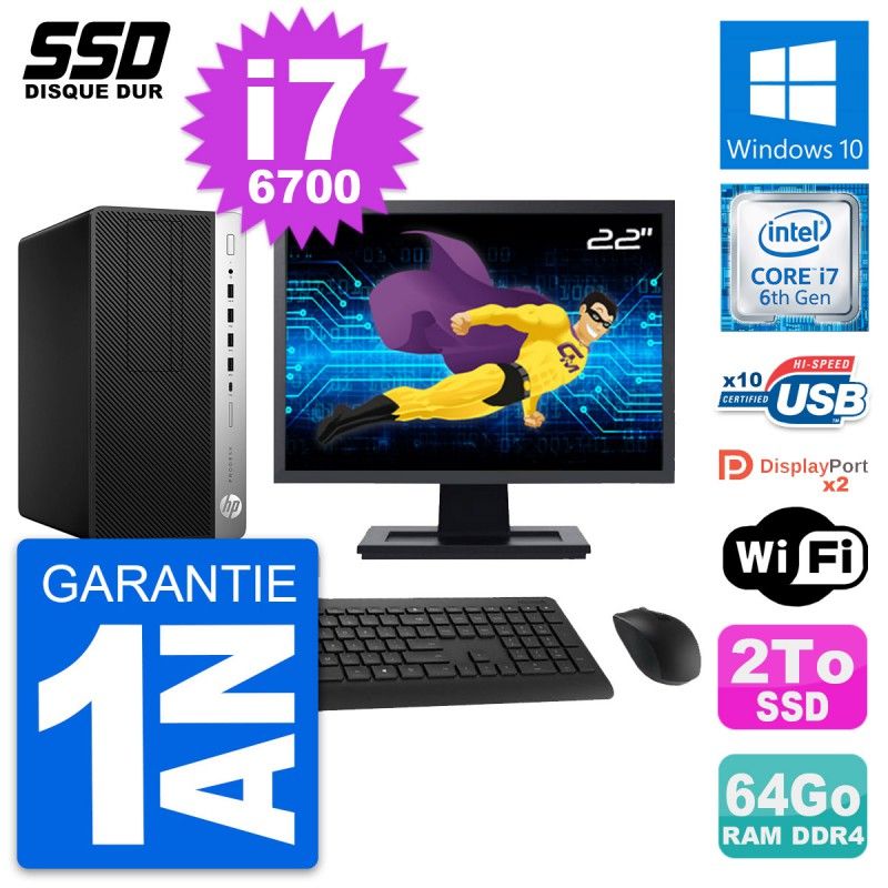 HP ProDesk 600 G3 MT Desktop PC - 22" Screen, Intel i7-6700, 64GB RAM, 2TB SSD, Windows 10, WiFi