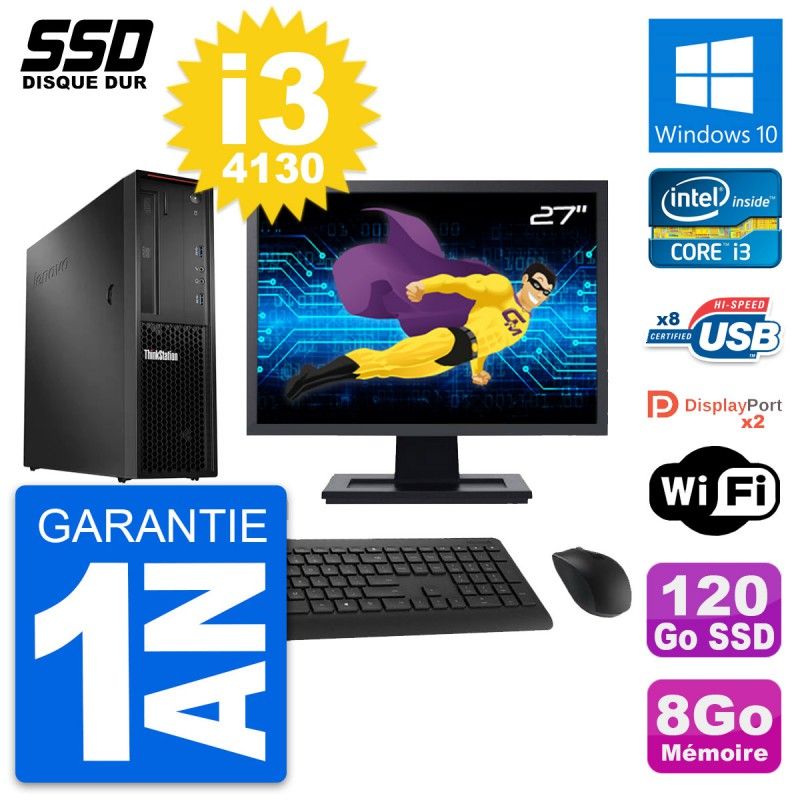 Lenovo P300 SFF Desktop - 27" Screen, Intel i3-4130, 8GB RAM, 120GB SSD, Windows 10, WiFi