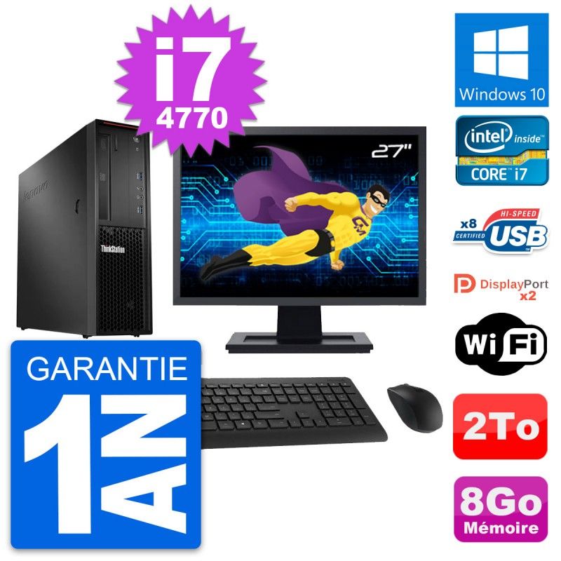 Lenovo P300 SFF Desktop Computer - 27" Screen, Intel i7-4770, 8GB RAM, 2TB Storage, Windows 10, WiFi
