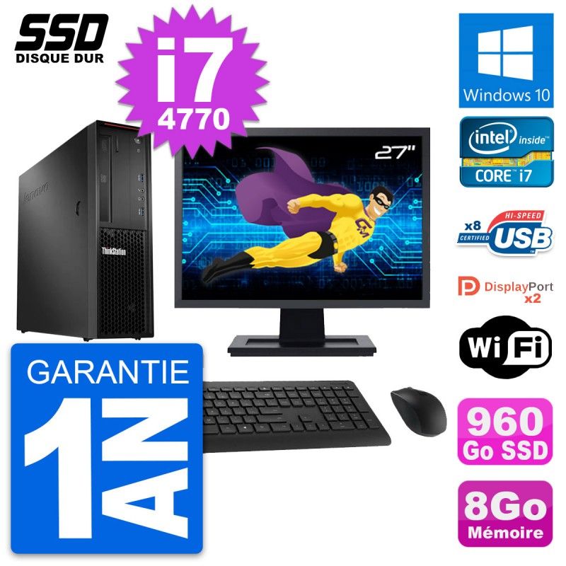 Lenovo P300 SFF Desktop Computer - 27" Screen, Intel i7-4770, 8GB RAM, 960GB SSD, Windows 10, WiFi