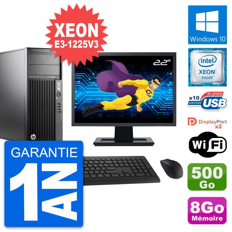 HP Z230 WorkStation PC - 22" Screen, Intel Xeon E3-1225V3, 8GB RAM, 500GB HDD, Windows 10, Wifi