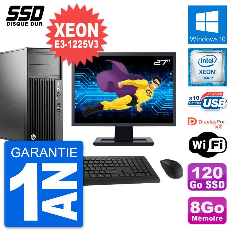 HP Z230 Workstation PC - 27" Screen, Intel Xeon E3-1225V3, 8GB RAM, 120GB SSD, Windows 10, WiFi