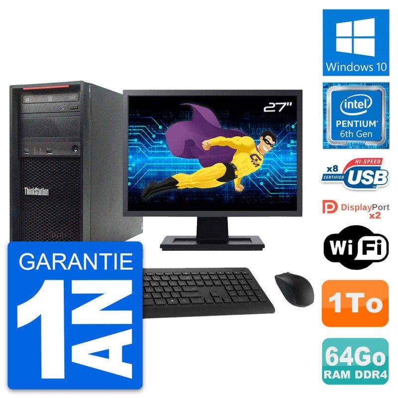 Lenovo ThinkStation P320 Desktop Computer, 27" Screen, Pentium G4400, 64GB RAM, 1TB HDD, Windows 10, WiFi