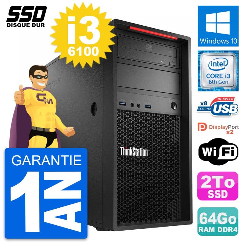 Lenovo ThinkStation P320 Desktop Computer - Intel i3-6100, 64GB RAM, 2TB SSD, Windows 10, WiFi