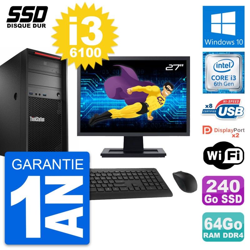 Lenovo ThinkStation P320 MT 27-Inch Core i3-6100, 64GB RAM, 240GB SSD, Windows 10, Wifi
