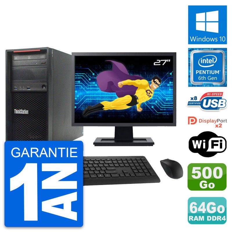 Lenovo ThinkStation P310 27" Screen, Intel G4400, 64GB RAM, 500GB Disk, Windows 10, Wifi