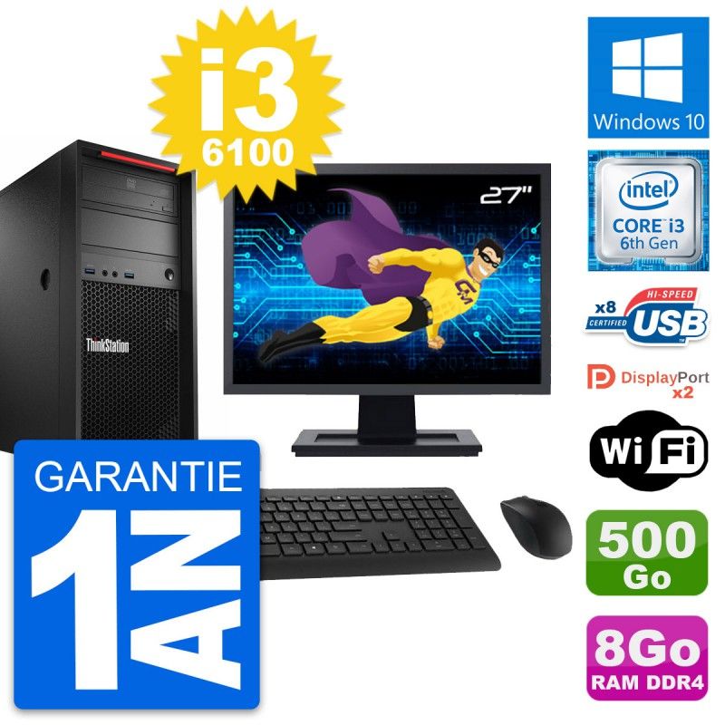 Lenovo P310 27-inch Desktop Computer, Intel i3-6100, 8GB RAM, 500GB HDD, Windows 10, WiFi