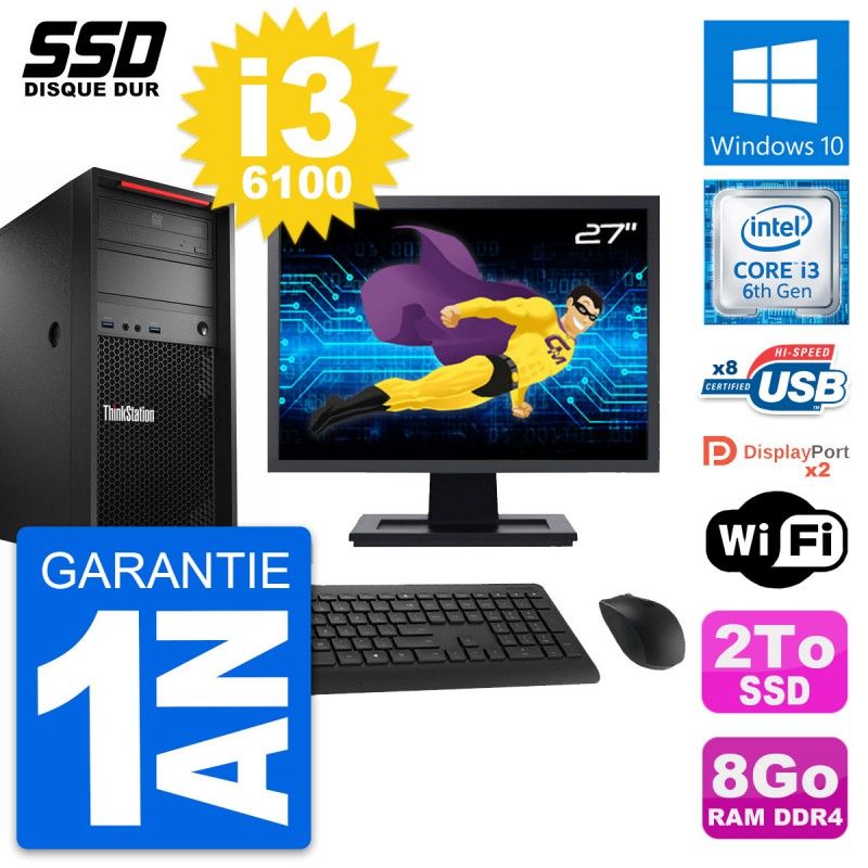 Lenovo P310 27" Desktop Computer - Intel Core i3-6100, 8GB RAM, 2TB SSD, Windows 10, WiFi
