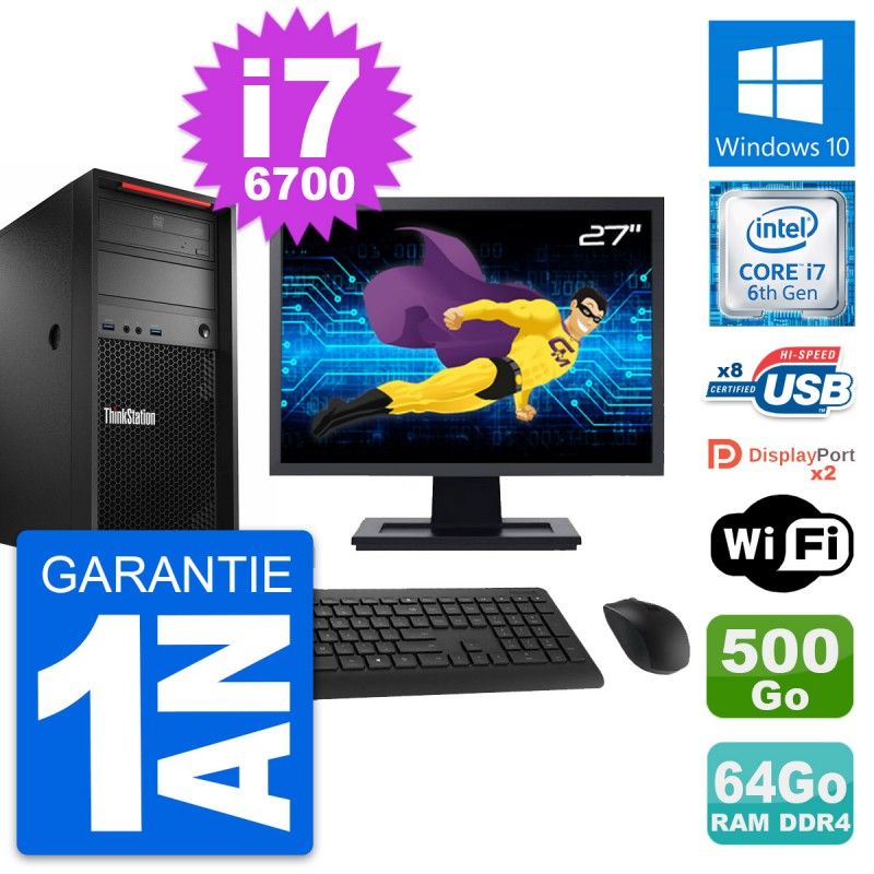 Lenovo ThinkStation P310 27" Display, Core i7-6700, 64GB RAM, 500GB HDD, Windows 10, WiFi