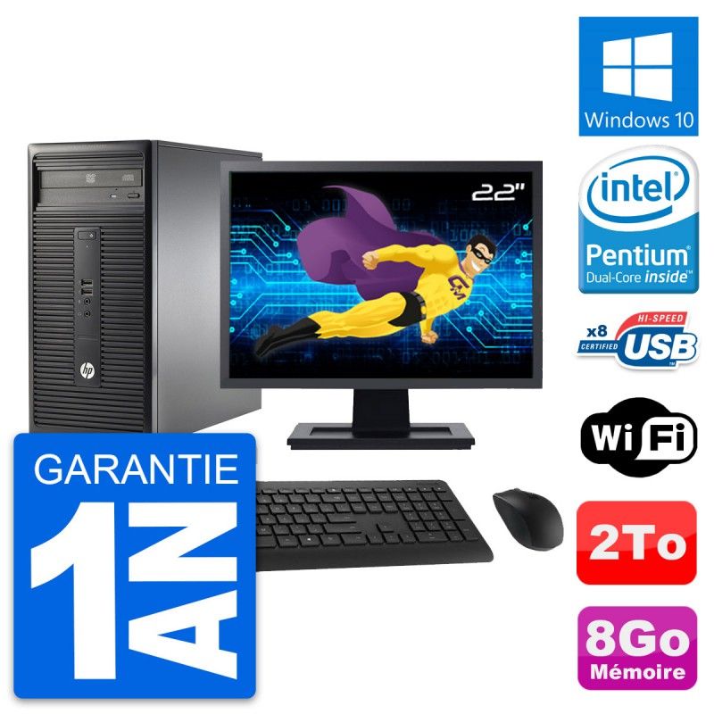 HP 280 G1 MT Desktop Computer, 22" Screen, Intel Pentium G3220, 8GB RAM, 2TB HDD, Windows 10, WiFi