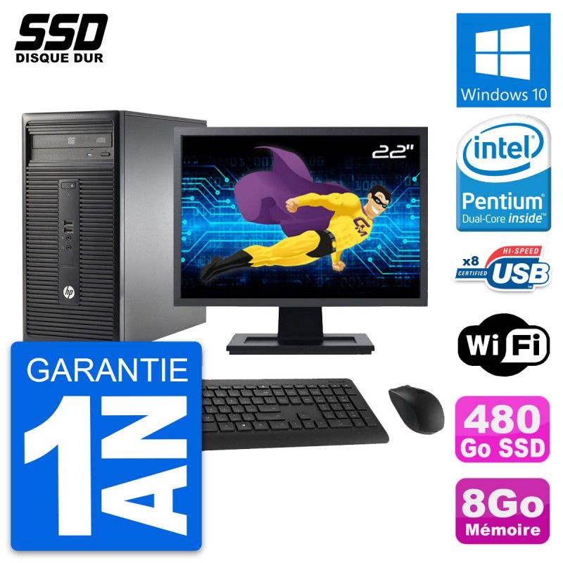 HP 280 G1 MT Desktop Computer - 22" Screen, Intel Pentium G3220, 8GB RAM, 480GB SSD, Windows 10, WiFi