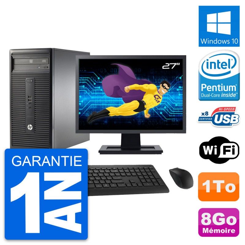 HP 280 G1 MT Desktop PC - 27" Screen, Intel Pentium G3220, 8GB RAM, 1TB HDD, Windows 10, WiFi