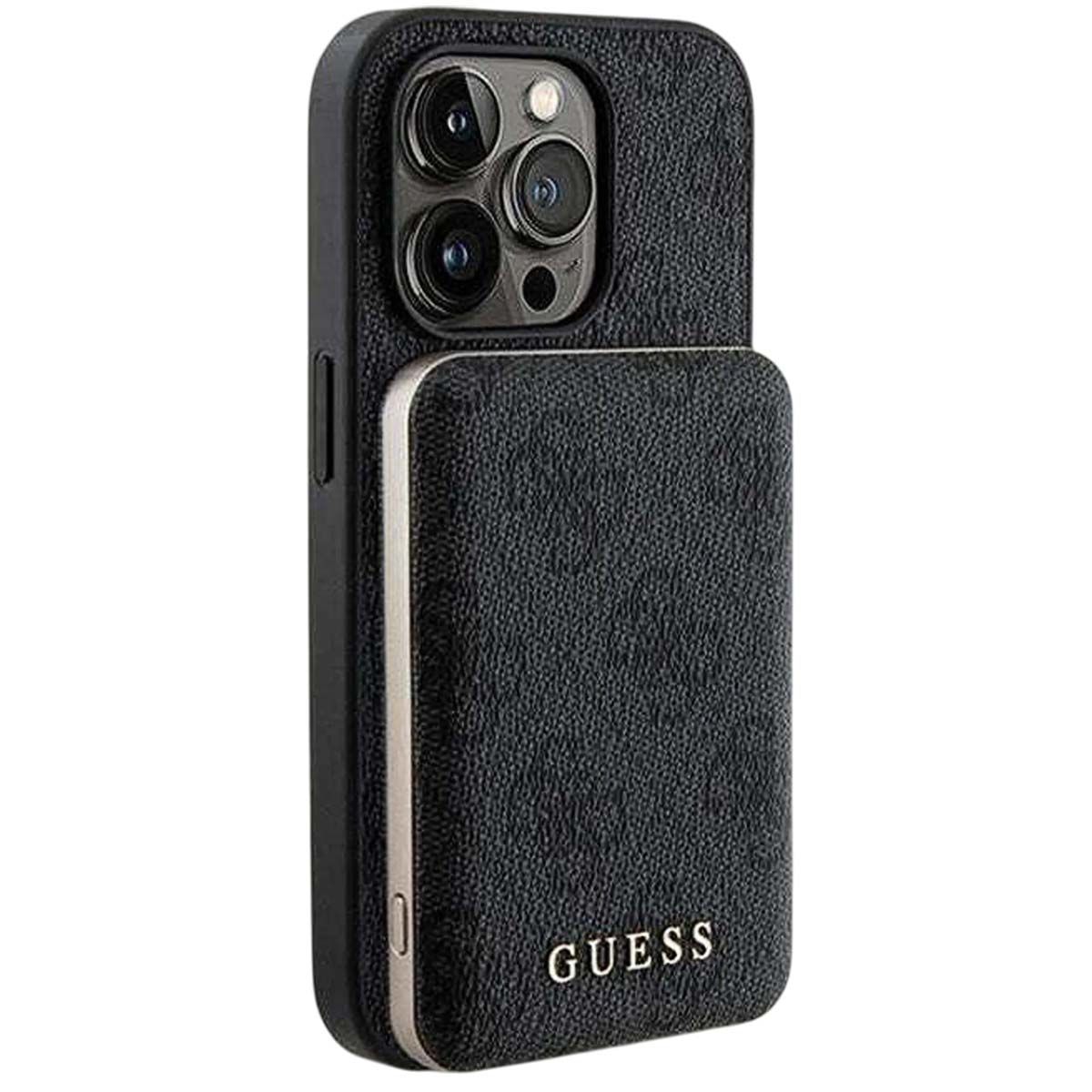 Fundas y cargador portátil de Guess para iPhone 14 Pro Max con Magsaf y efecto Saffiano - Negro