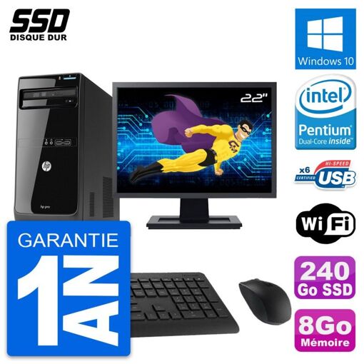 HP Pro 3500 MT Desktop PC - 22" Screen, Pentium G2020, 8GB RAM, 240GB SSD, Windows 10, WiFi