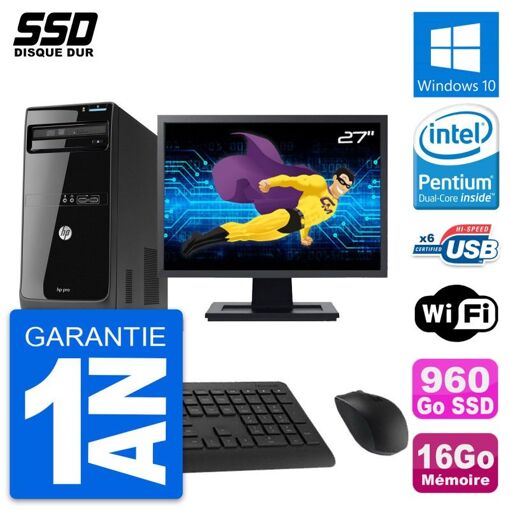 Ordinateur de bureau HP Pro 3500 MT - Écran 27'', Processeur Intel Pentium G2020, 16 Go de RAM, 960 Go SSD, Windows 10, WiFi