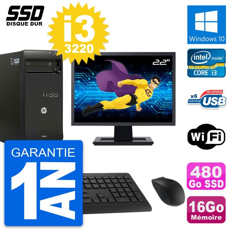 HP Pro 3500 Desktop PC - 22-inch Screen, Core i3-3220, 16GB RAM, 480GB SSD, Windows 10, WiFi