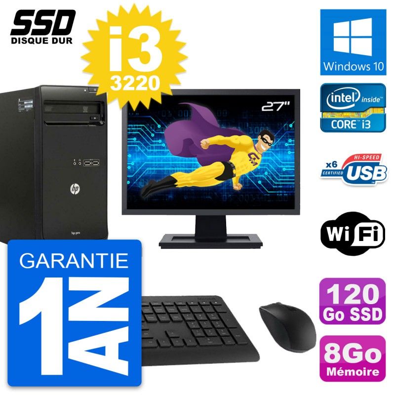 HP Pro 3500 MT Desktop PC, 27" Screen, Core i3-3220, 8GB RAM, 120GB SSD, Windows 10, WiFi