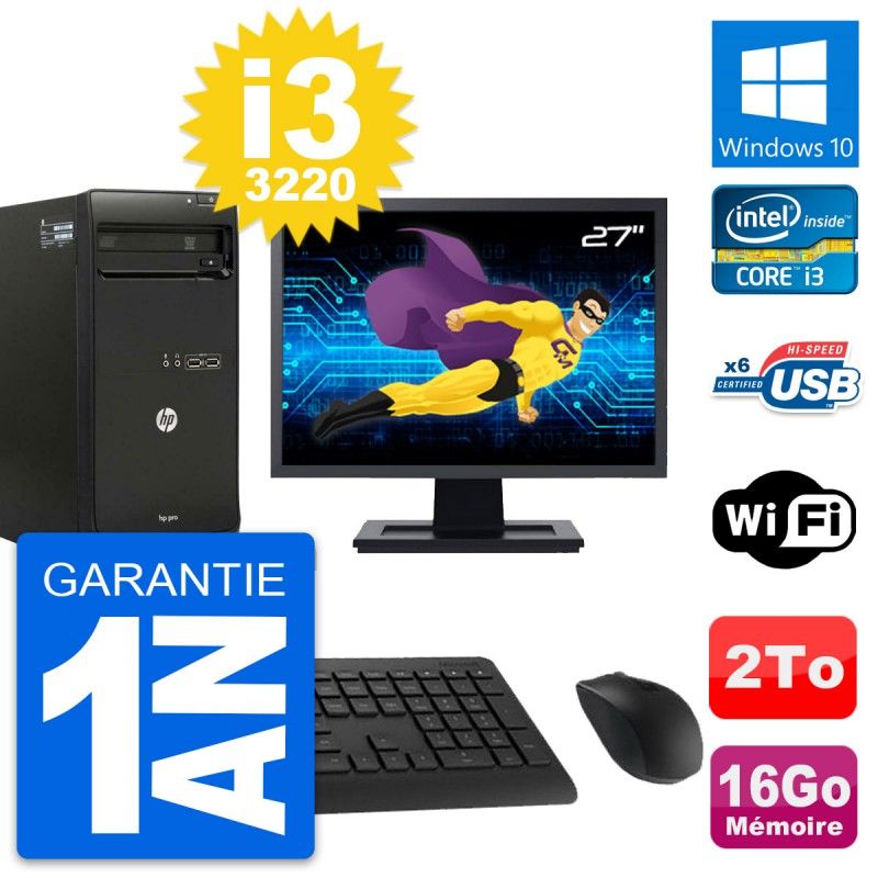 HP Pro 3500 Desktop PC - 27" Screen, Intel i3-3220, 16GB RAM, 2TB Hard Drive, Windows 10, WiFi