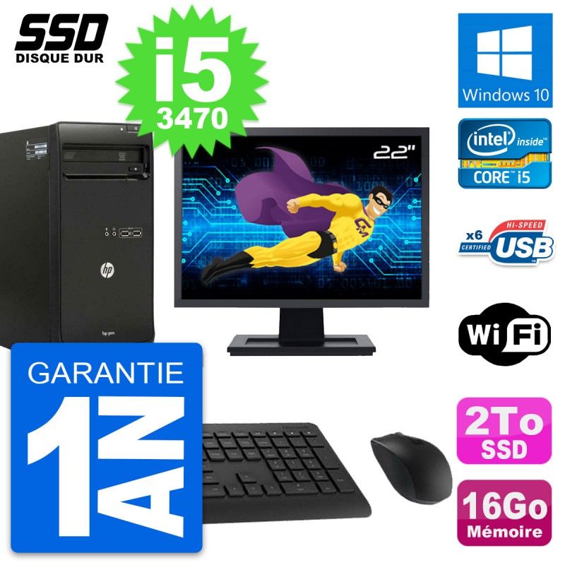 HP Pro 3500 MT Desktop PC - 22" Screen, Core i5-3470, 16GB RAM, 2TB SSD, Windows 10, Wifi