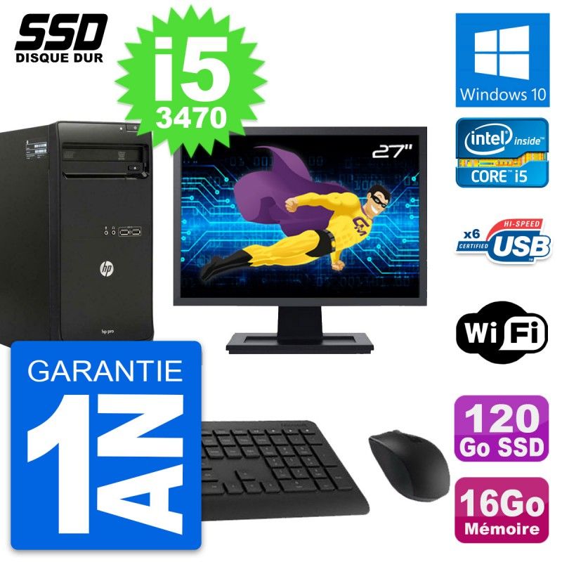 HP Pro 3500 MT Desktop Computer, 27" Screen, Core i5-3470, 16GB RAM, 120GB SSD, Windows 10, Wifi