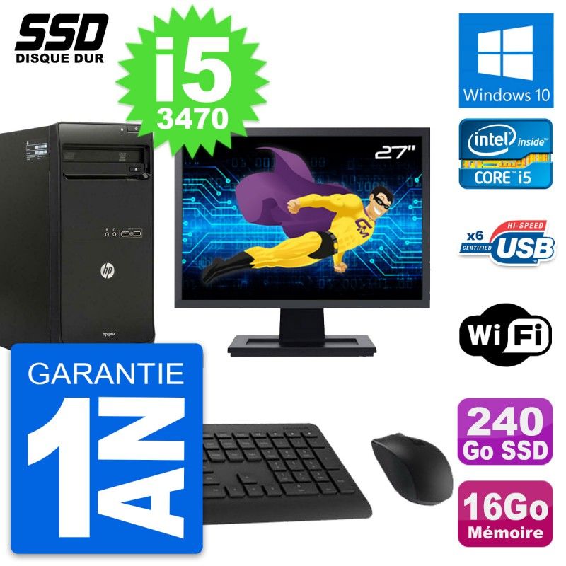 HP Pro 3500 MT Desktop PC - 27" Screen, Core i5-3470, 16GB RAM, 240GB SSD, Windows 10, WiFi