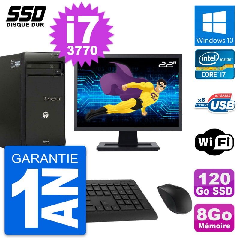 HP Pro 3500 MT Desktop PC - 22" Screen, Core i7-3770, 8GB RAM, 120GB SSD, Windows 10, WiFi