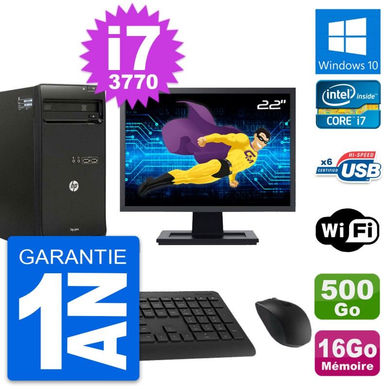 HP Pro 3500 MT Desktop PC - 22" Screen, i7-3770, 16GB RAM, 500GB HDD, Windows 10, WiFi