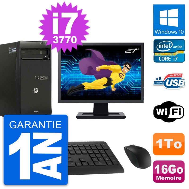 HP Pro 3500 Desktop PC - 27" Display, Intel i7-3770, 16GB RAM, 1TB HDD, Windows 10, Wifi