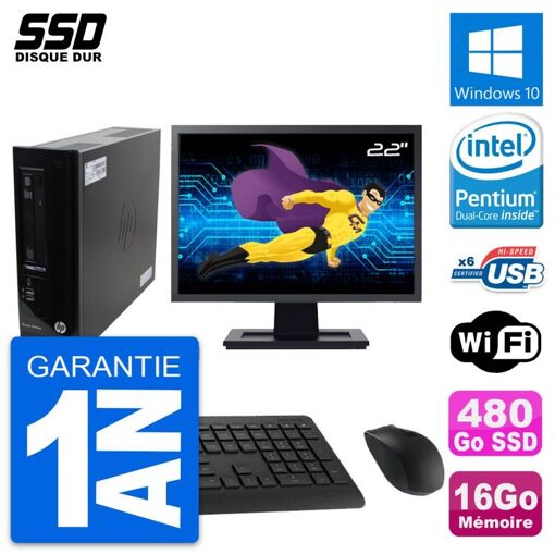 HP Pro 3300 SFF Computer - 22" Screen, Pentium G630, 16GB RAM, 480GB SSD, Windows 10, WiFi
