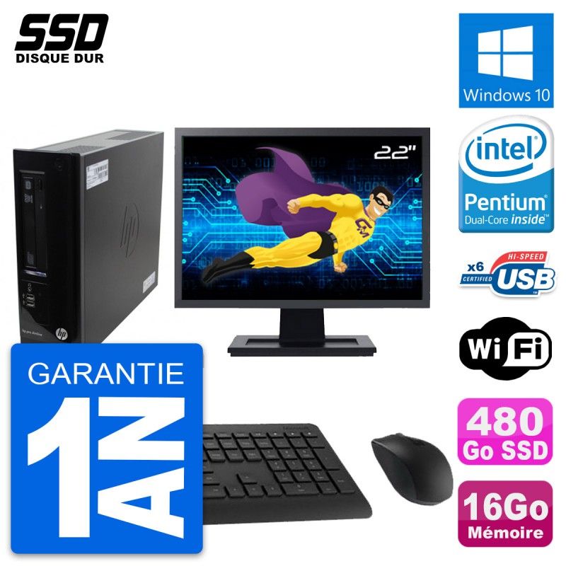 HP Pro 3300 SFF Computer - 22" Screen, Pentium G630, 16GB RAM, 480GB SSD, Windows 10, WiFi