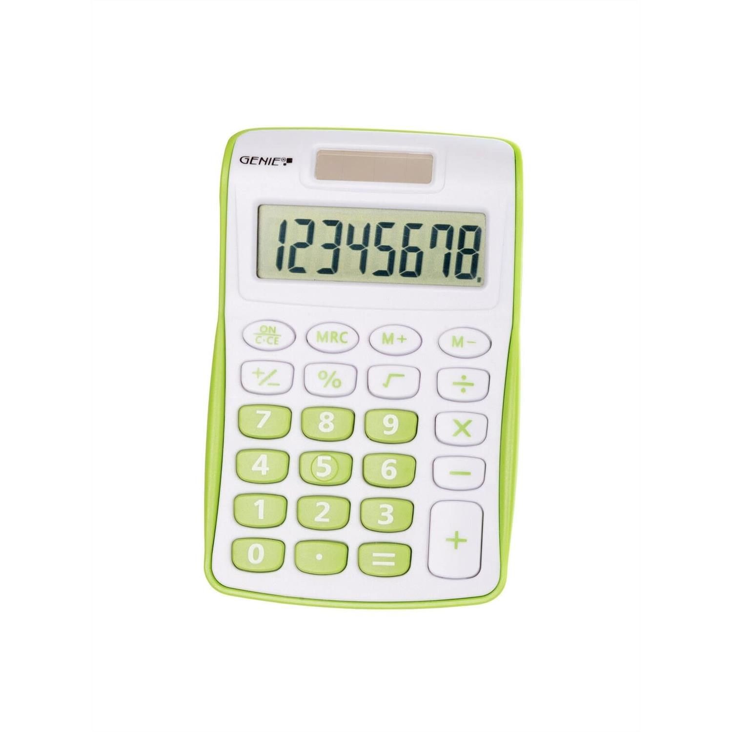 Genie 8-Digit Calculator (Dual Power: Battery & Solar, Compact Design, Green)