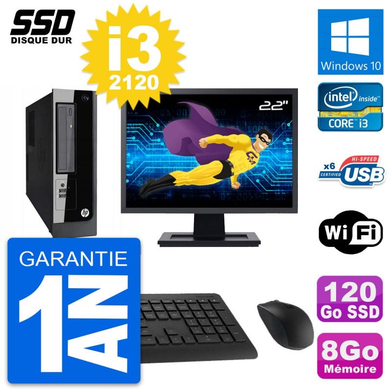 HP Pro 3300 SFF Computer - 22" Screen, Intel i3-2120, 8GB RAM, 120GB SSD, Windows 10, WiFi