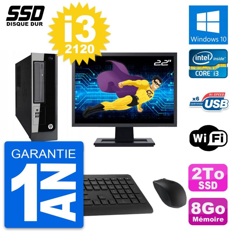 HP Pro 3300 SFF Computer - 22" Screen, Intel Core i3-2120, 8GB RAM, 2TB SSD, Windows 10, WiFi
